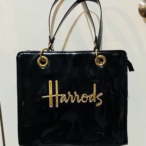 Harrods Glossy Black Shoulder Bag Tote with Gold Detailing